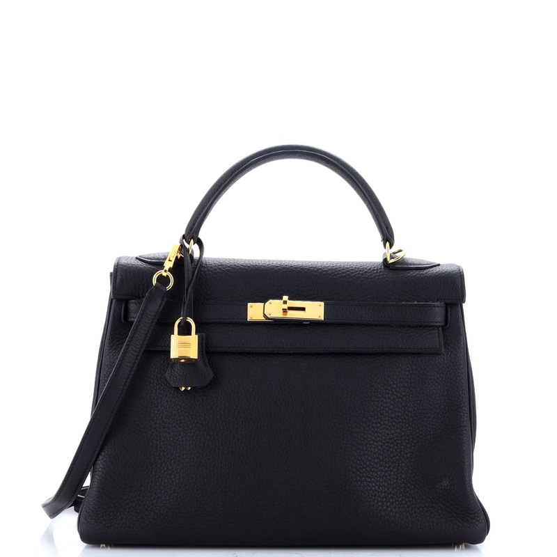 Kelly Handbag Noir Clemence with Gold Hardware 32