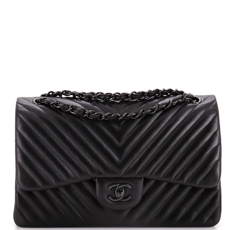 So Black Classic Double Flap Bag Chevron Lambskin Jumbo