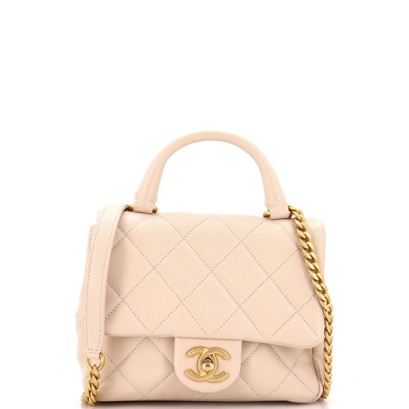 Square Top Handle Flap Bag Quilted Shiny Caviar Mini