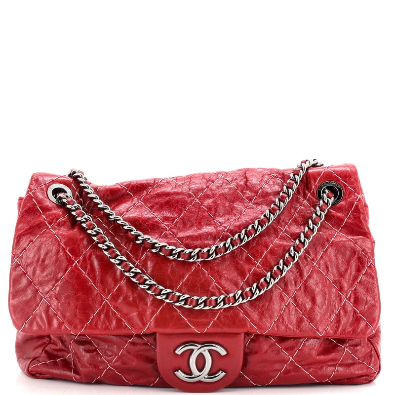 Double Stitch Flap Bag Quilted Glazed Calfskin Large