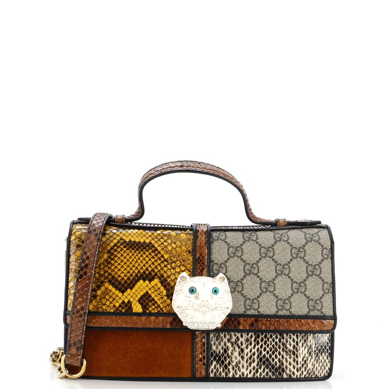 Feline Face Top Handle Bag GG Coated Canvas and Python Small