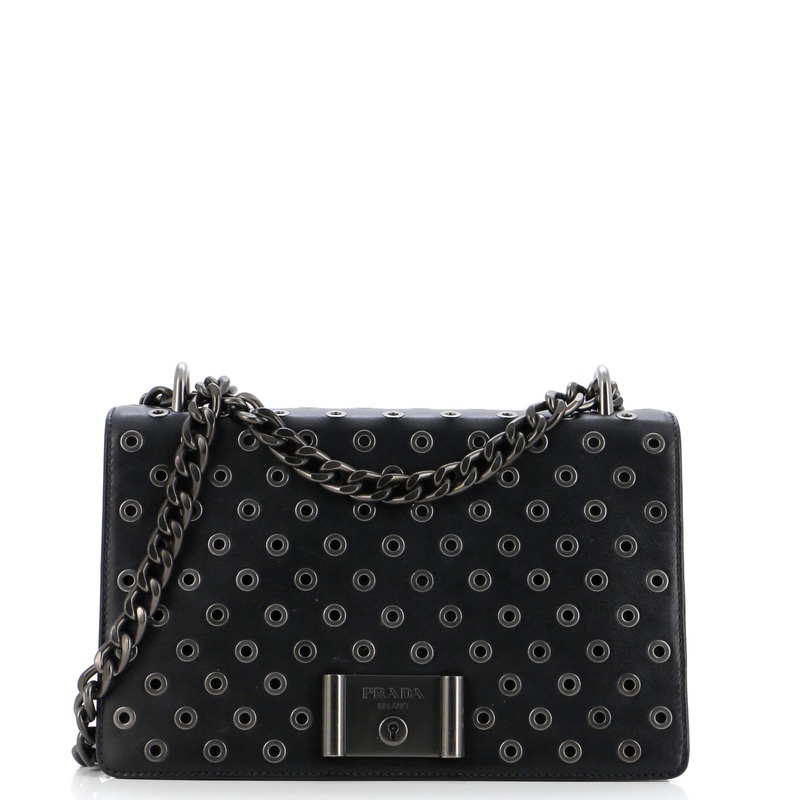 Grommet Lock Flap Chain Shoulder Bag Leather Small