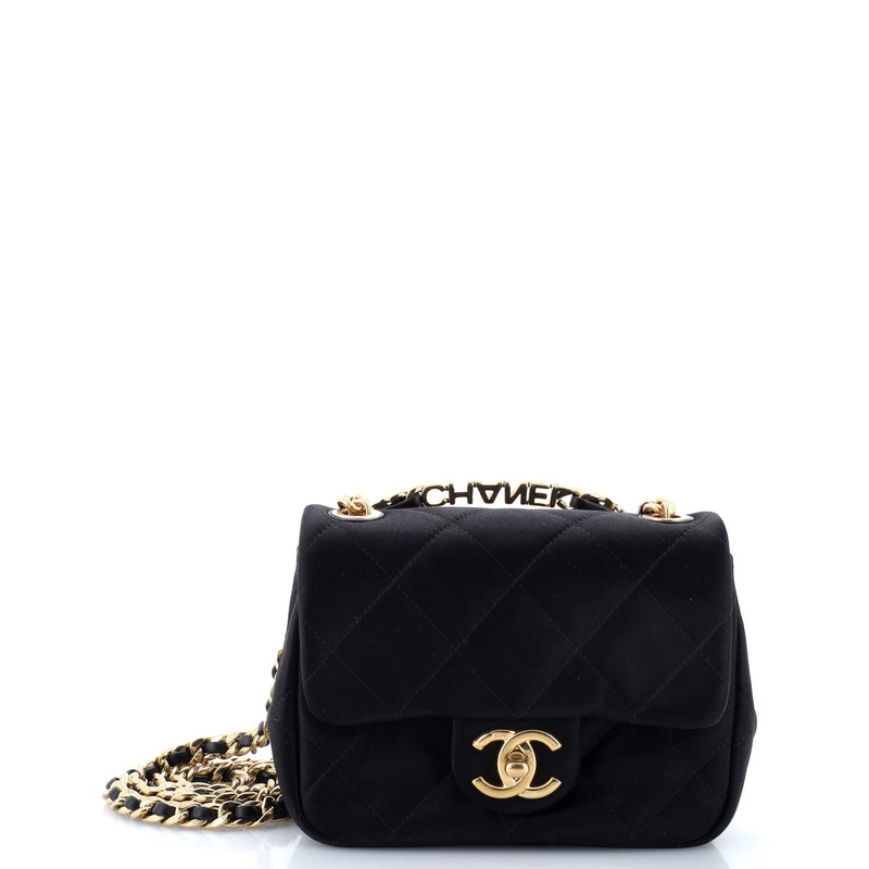 Oval Logo Chain Handle Flap Bag Quilted Satin with Crystals Mini
