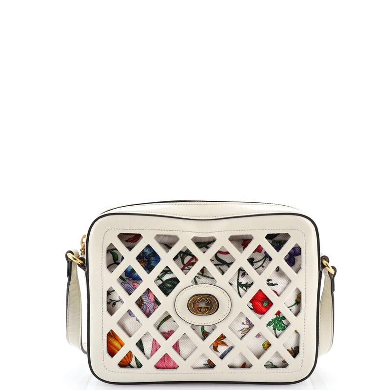 Camera Crossbody Bag Cutout Leather with Flora Canvas Small