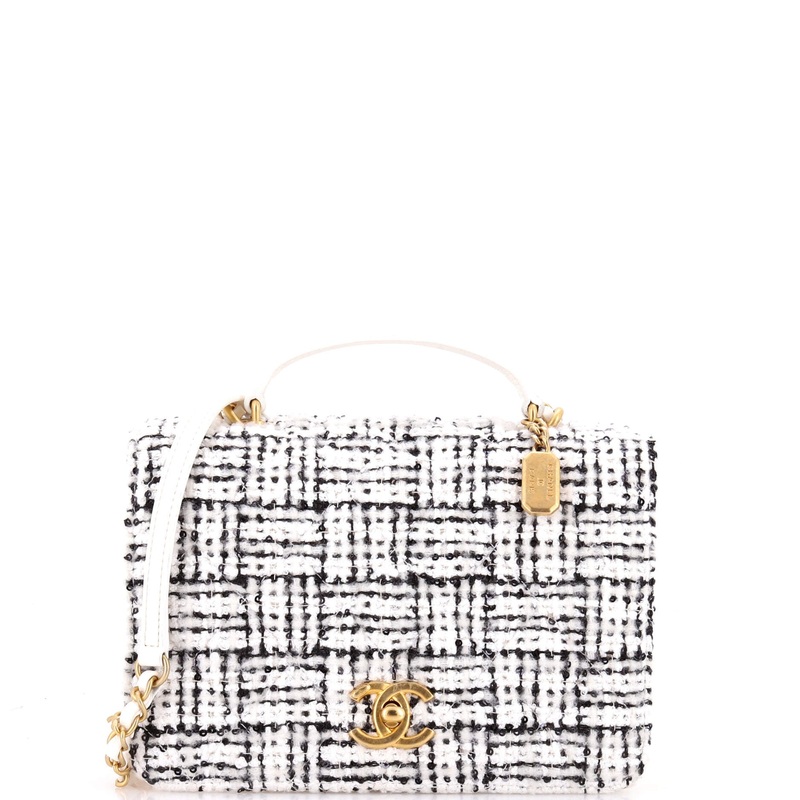 CC Top Handle Chain Full Flap Bag Quilted Tweed and Sequins with Lambskin Small