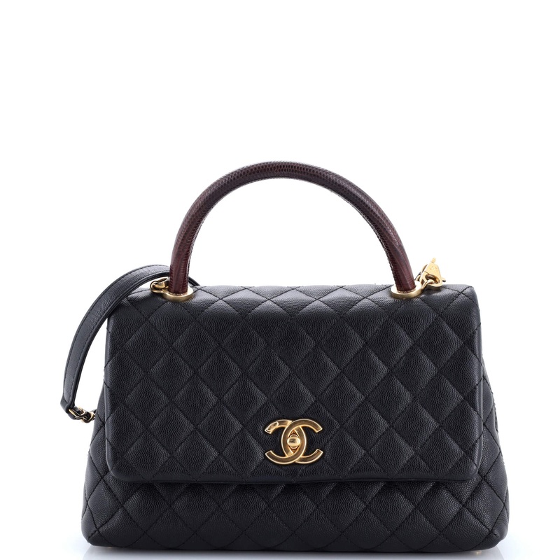Coco Top Handle Bag Quilted Caviar with Lizard Small