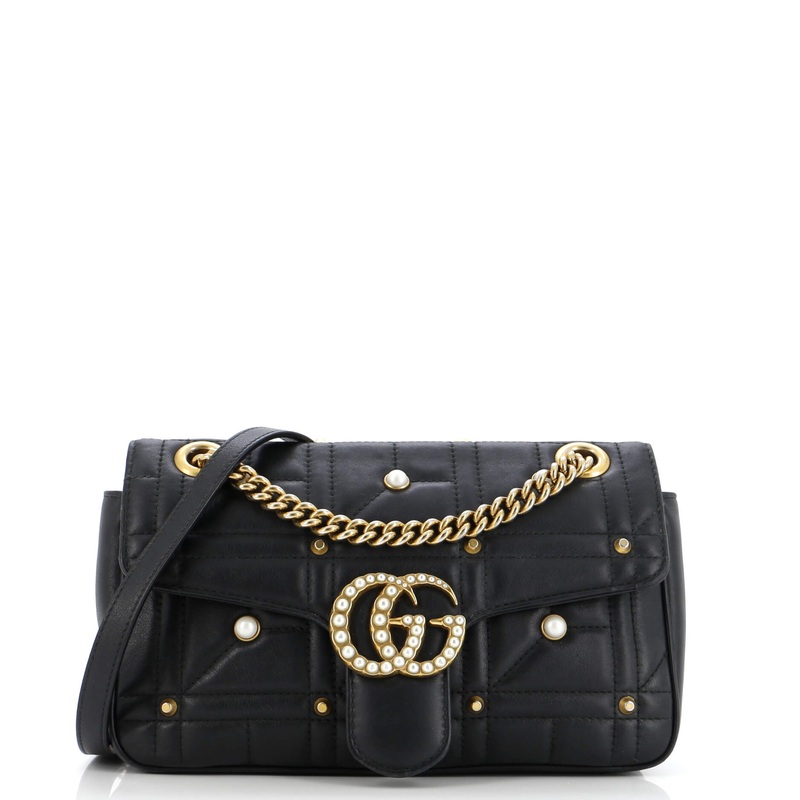 Pearly GG Marmont Flap Bag Embellished Matelasse Leather Small