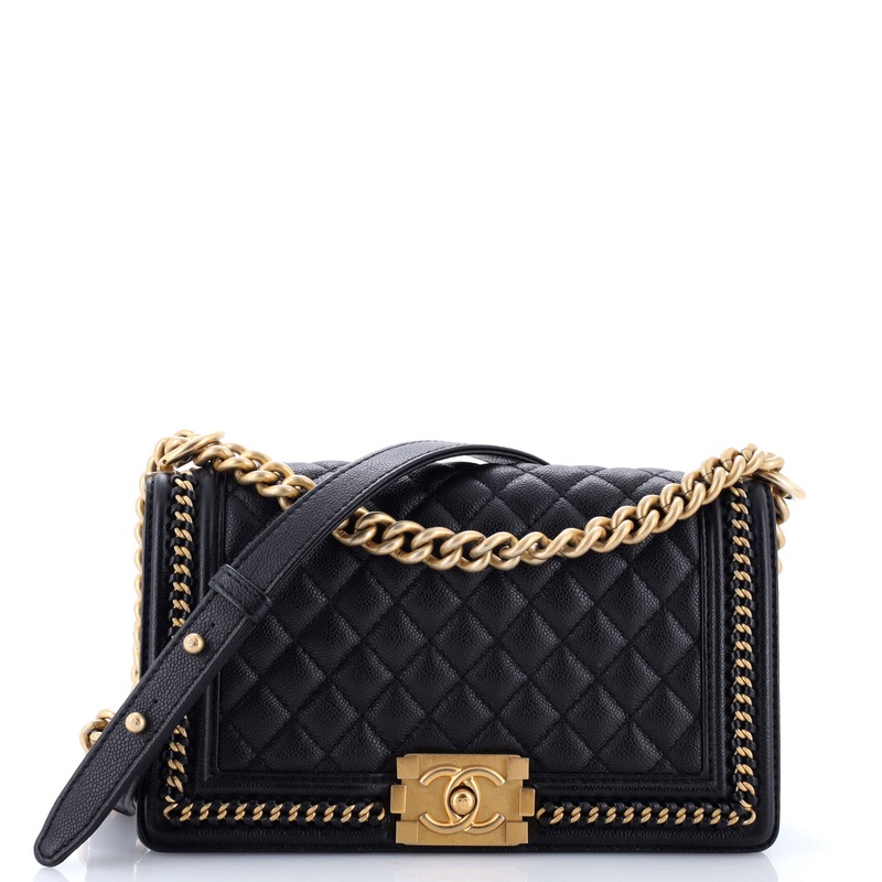 Boy Flap Bag Quilted Caviar with Whipstitch Chain Detail Old Medium