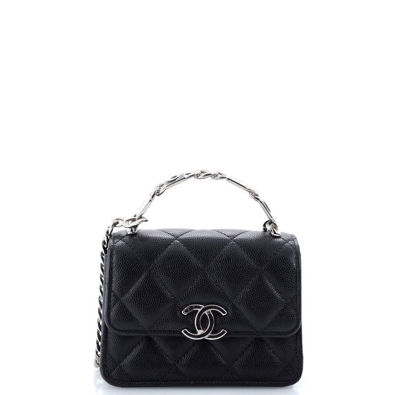 Coco Enamel Top Handle Flap Clutch with Chain Quilted Caviar