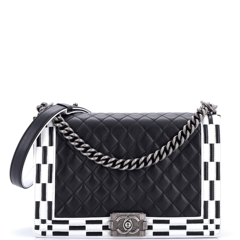 Checkerboard Trim Boy Flap Bag Quilted Calfskin New Medium