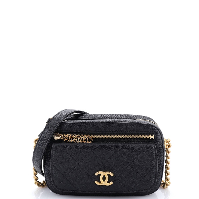 Logo Zipper Front Pocket Chain Camera Bag Quilted Caviar Small