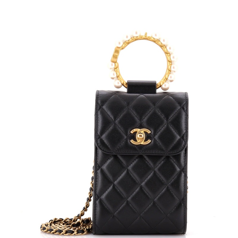Pearl Crown Phone Holder with Chain Quilted Lambskin