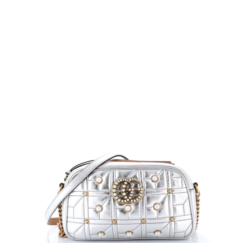 Pearly GG Marmont Shoulder Bag Embellished Matelasse Leather Small