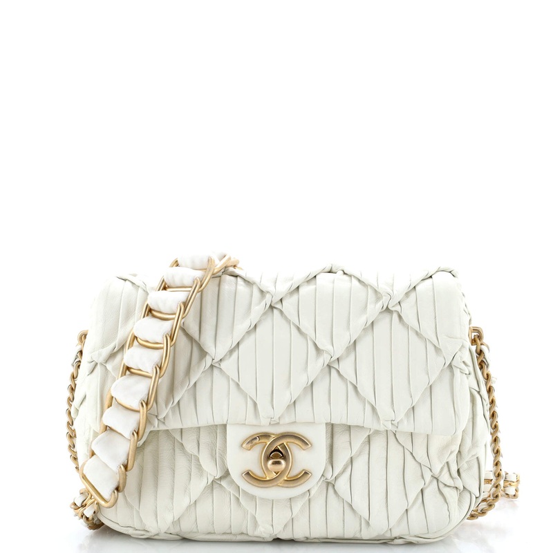 Woven Strap Medallion Chain Flap Bag Quilted Pleated Calfskin Small