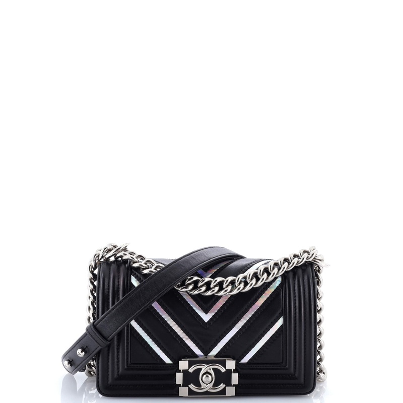 Boy Flap Bag Chevron Lambskin with Holographic PVC Small