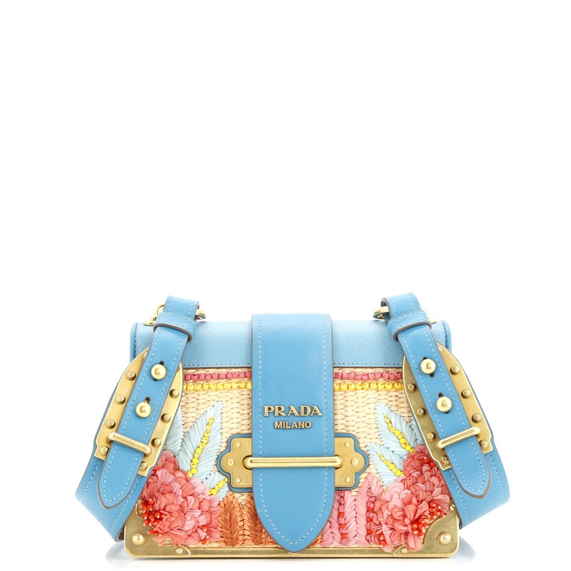 Cahier Crossbody Bag Embroidered Straw with Leather Small