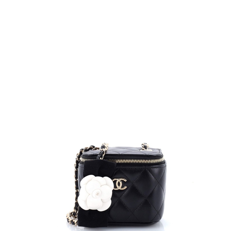 Camellia Bow Vanity Case with Chain Quilted Lambskin Mini