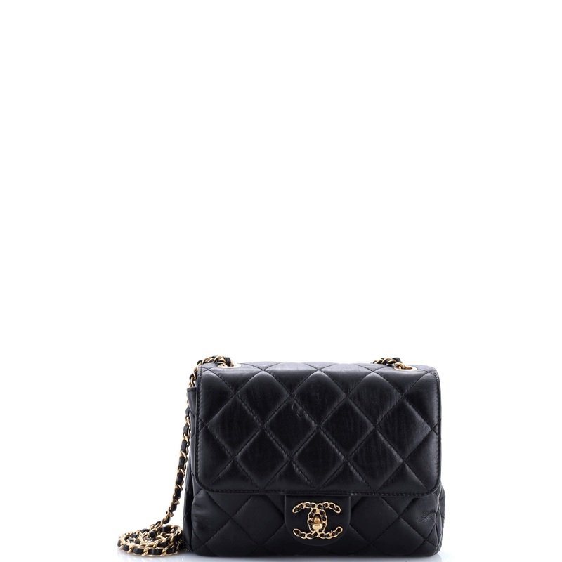 Chain Woven CC Square Accordion Flap Bag Quilted Lambskin Mini