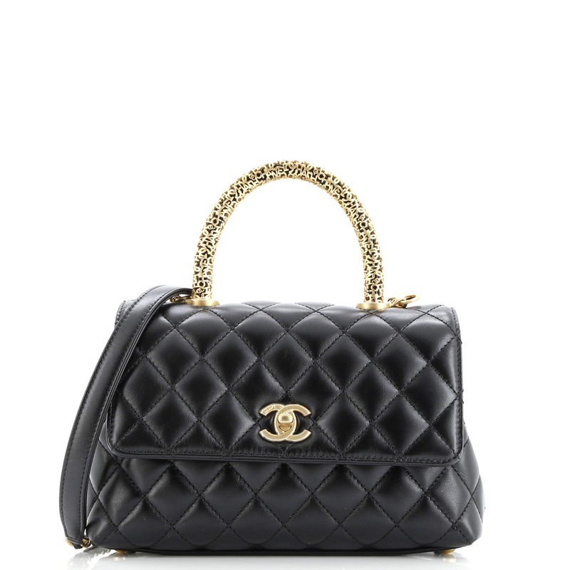 Coco Top Handle Bag Quilted Calfskin with Logo Metal Handle Mini