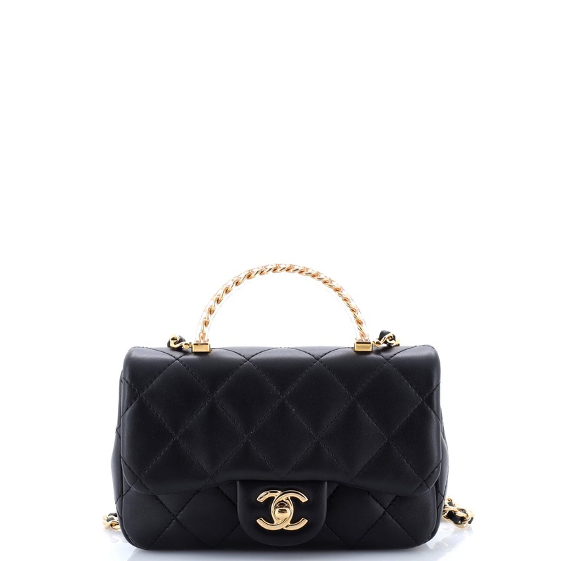 Crystal Chain Flap Top Handle Bag Quilted Lambskin Small