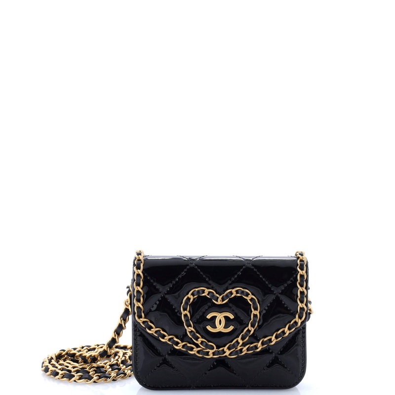 Heart Chain Flap Bag Quilted Patent Mini