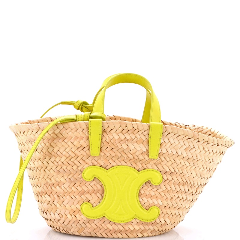 Triomphe Basket Shoulder Bag Raffia with Leather Teen