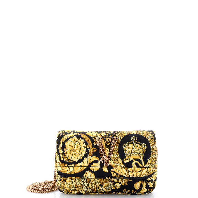 Virtus Chain Flap Shoulder Bag Quilted Printed Silk Small
