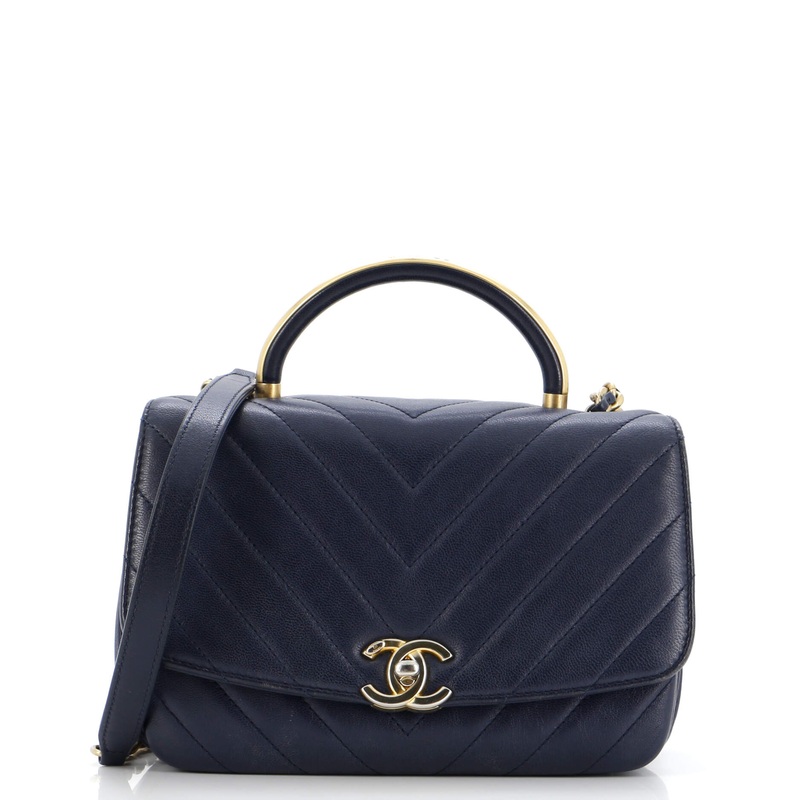 CC Metal Top Handle Flap Bag Chevron Lambskin Small