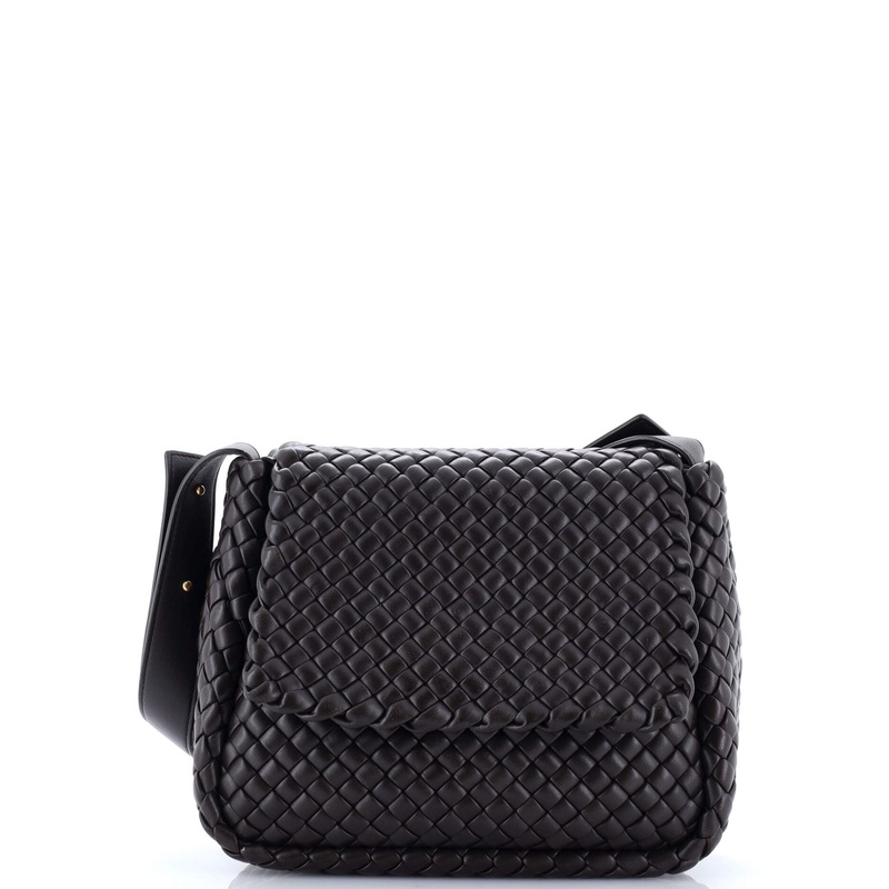 Cobble Flap Shoulder Bag Padded Intrecciato Leather Small