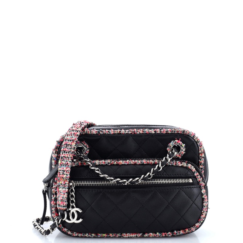 Elegant Trim Front Zip Camera Bag Quilted Lambskin with Tweed Small
