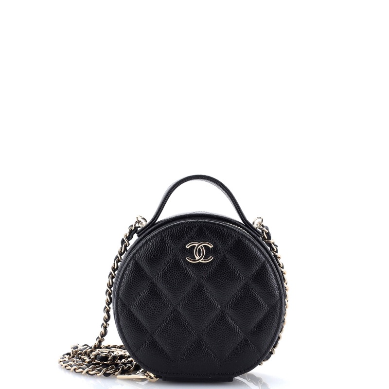 Handle with Care Round Vanity Case with Chain Quilted Caviar Small
