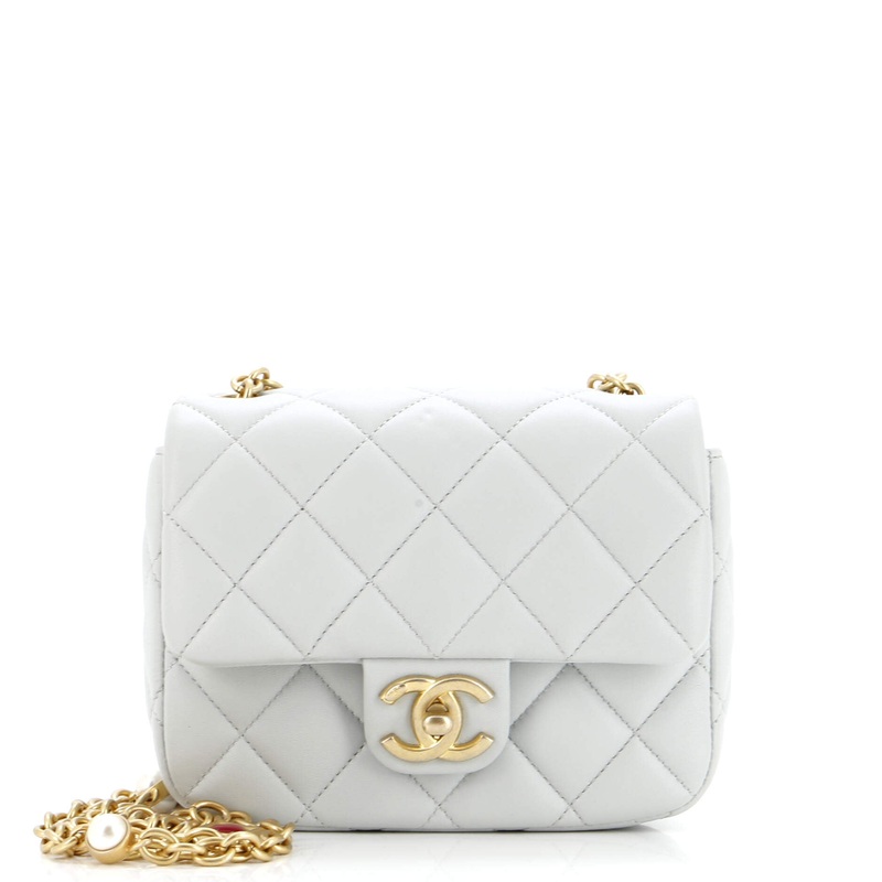 CC Enamel Pearl Charm Me Square Flap Bag Quilted Lambskin Mini