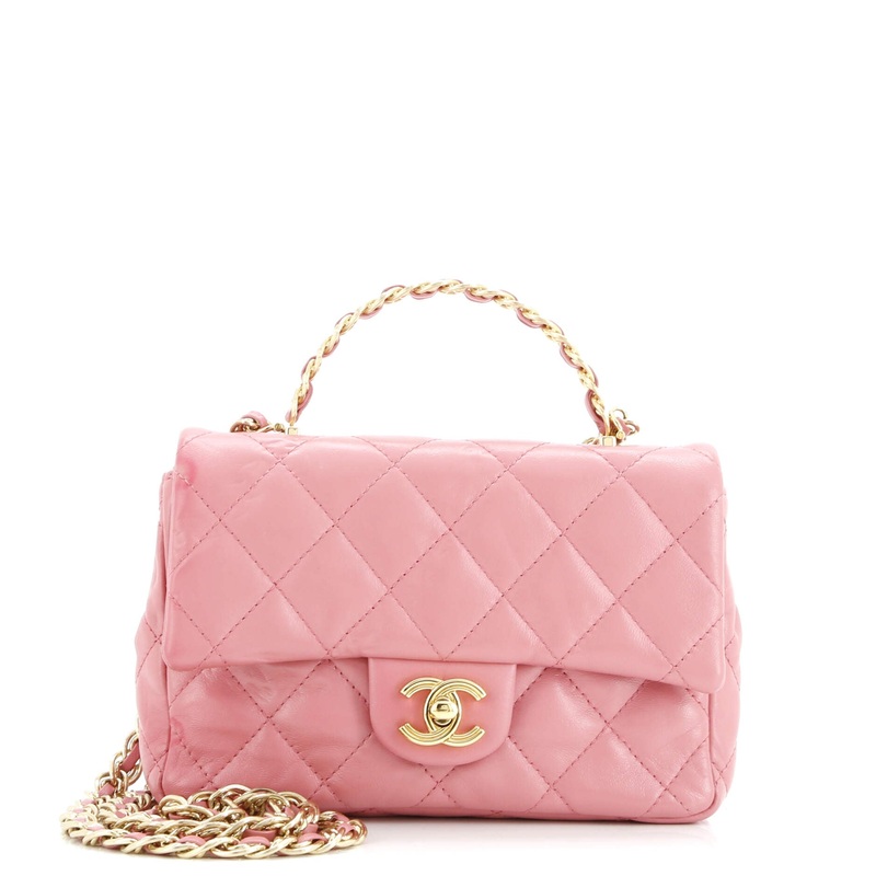 Golden Links Top Handle Flap Bag Quilted Shiny Lambskin Small