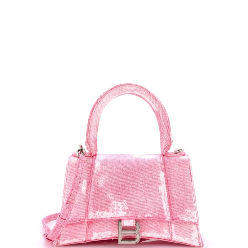 Hourglass Top Handle Bag Denim Printed Leather Small