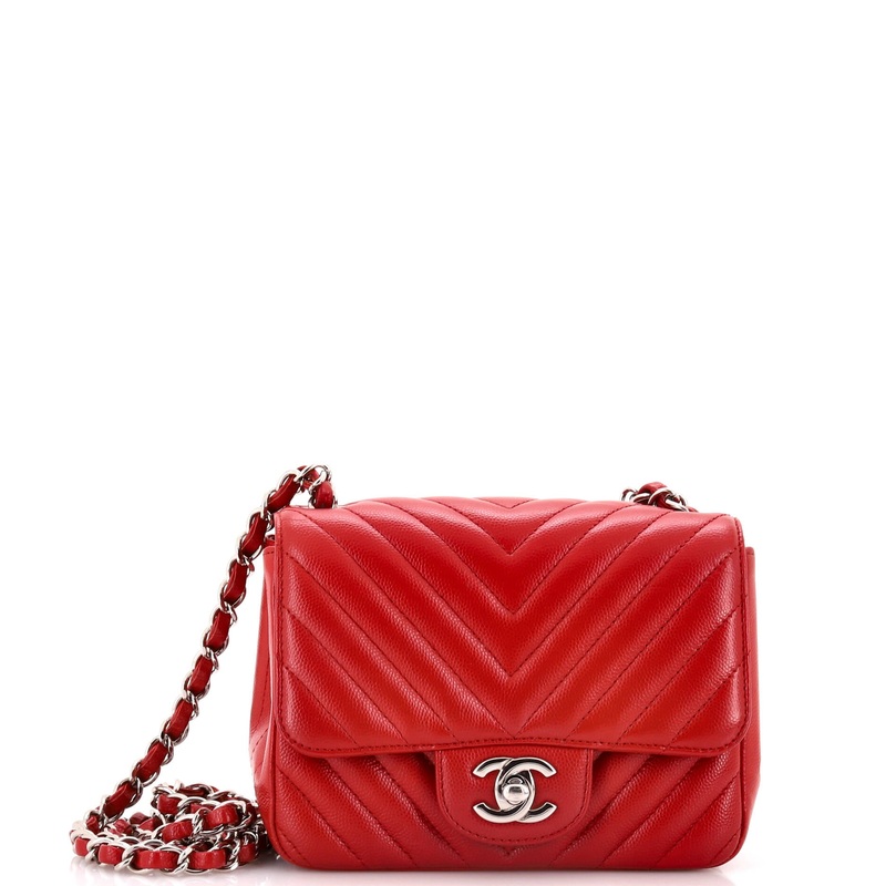 Square Classic Single Flap Bag Chevron Caviar Mini