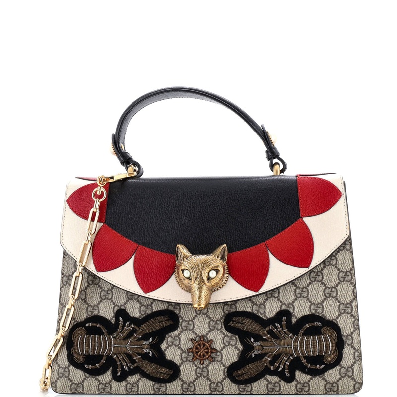 Broche Top Handle Bag Embroidered GG Coated Canvas and Leather Medium