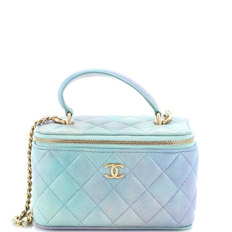 Classic Top Handle Vanity Case with Chain Quilted Iridescent Rainbow Lambskin Small