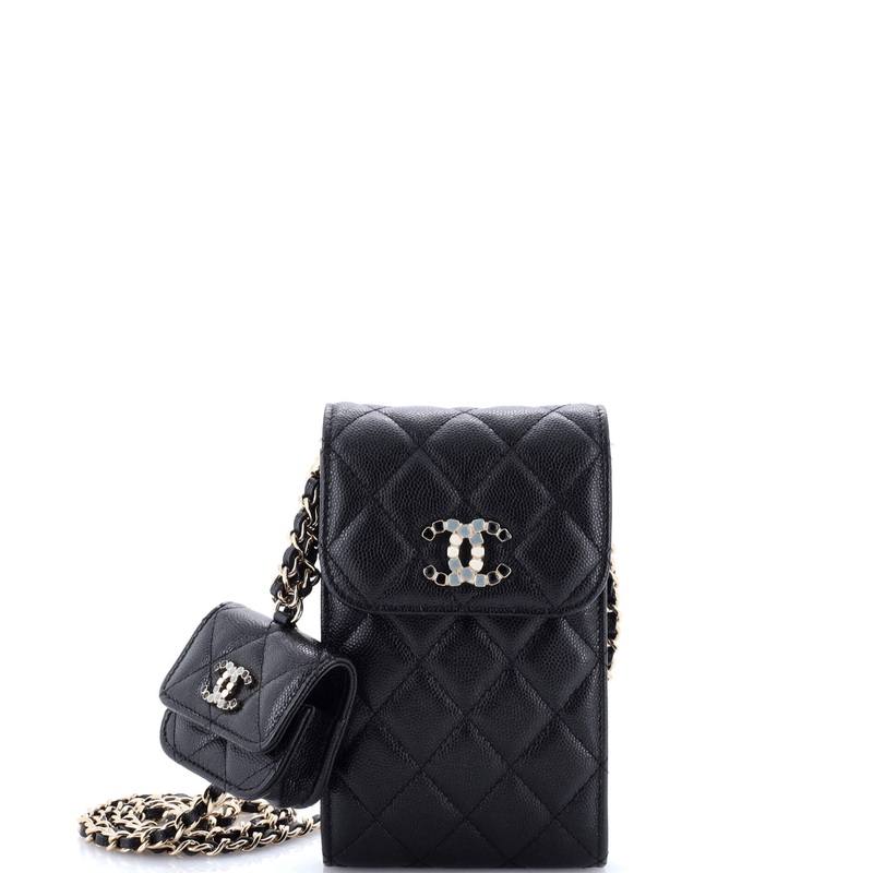 Crystal CC Flap Phone Holder Crossbody Bag with AirPods Pro Case Quilted Caviar