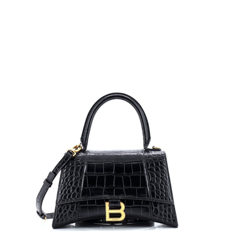 Hourglass Top Handle Bag Crocodile Embossed Leather Small