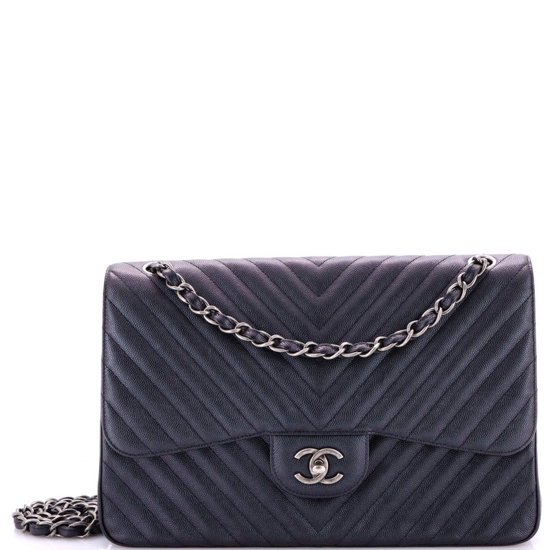 Classic Double Flap Bag Chevron Iridescent Caviar Jumbo