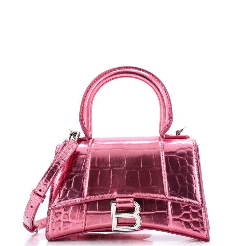 Hourglass Top Handle Bag Crocodile Embossed Leather XS
