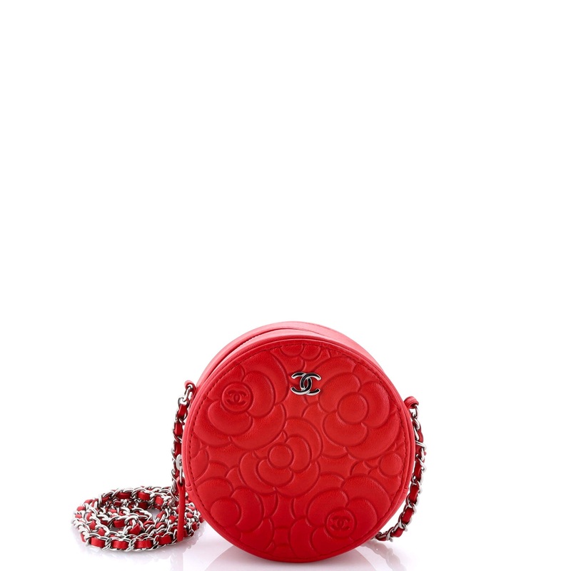 Round Clutch with Chain Camellia Goatskin Mini