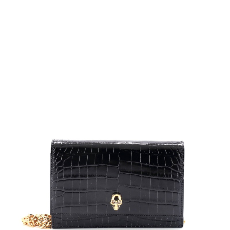 Skull Chain Crossbody Bag Crocodile Embossed Leather Mini