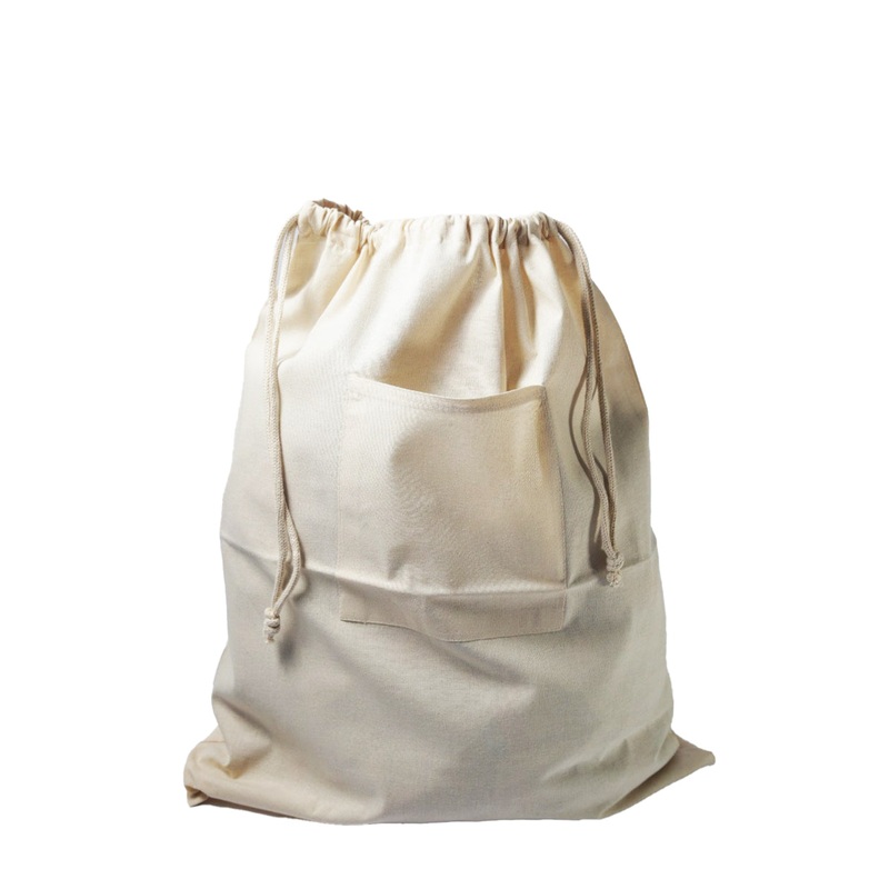 12 ct Drawstring Cotton Laundry Bag W/ Front Pocket - By Dozen
