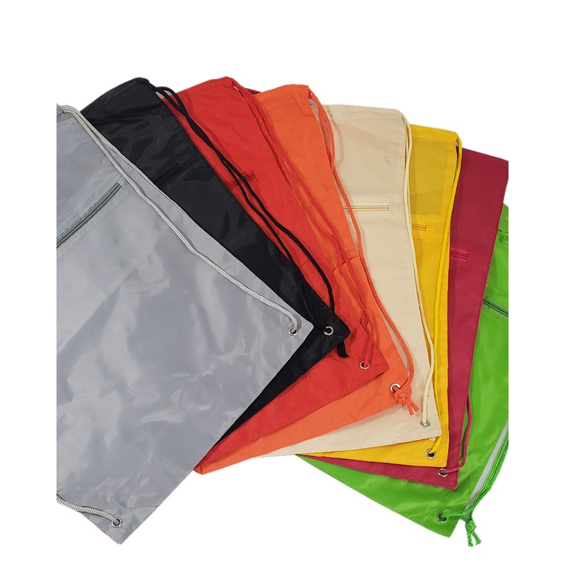 96 ct Promotional Polyester Drawstring Bags with Front Pocket -ASSORTED COLOR PACK (CLOSEOUT)