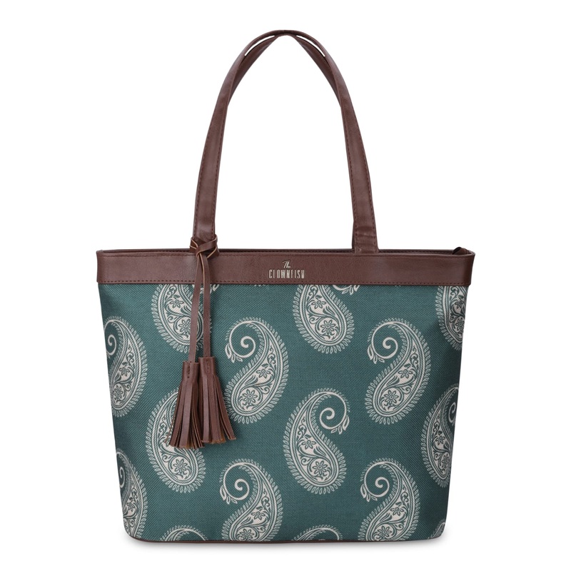 THE CLOWNFISH Casey series 15.6 inch Laptop Bag For Women Printed Handicraft Fabric & Faux Leather Office Bag Briefcase Hand Messenger bag Tote Business Bag (Fern Green)