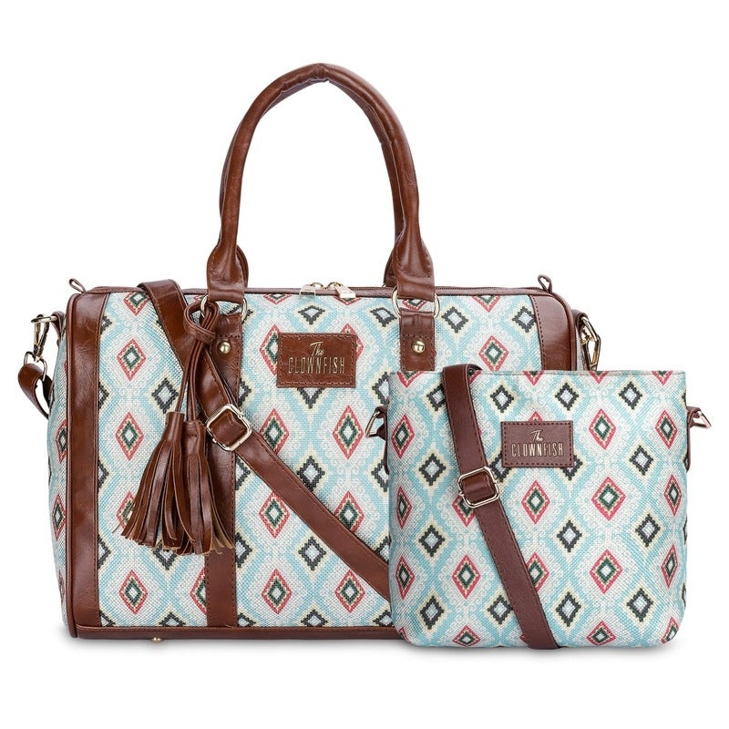 THE CLOWNFISH Combo Of Lorna Printed Handicraft Fabric & Faux Leather Handbag Sling Bag for Women & Aahna Printed Handicraft Fabric Crossbody Sling bag for Women (Light Green-Geometric Print)