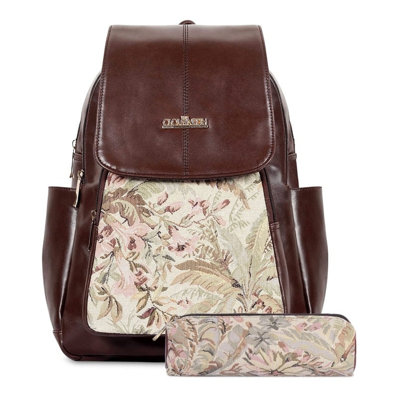 THE CLOWNFISH Combo Of Minerva Faux Leather & Tapestry Women's Backpack College School Girls Bag Casual Travel Backpack For Ladies & Expert Series Pencil Pouch Pen Case (Dark Brown-Floral), 10 Litres