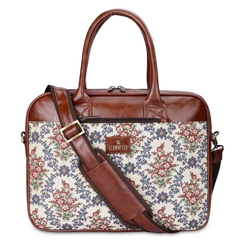 THE CLOWNFISH Deborah series 15.6 inch Laptop Bag For Women Tapestry Fabric & Faux Leather Office Bag Briefcase Messenger Sling Handbag Business Bag (Blue-Stripes)