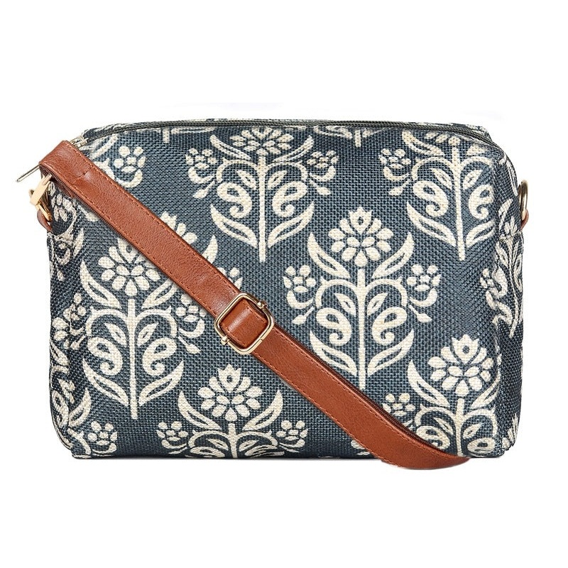 THE CLOWNFISH Isla Printed Handicraft Fabric Crossbody Sling bag for Women Casual Party Bag Purse with Adjustable Shoulder Strap and Printed Design for Ladies College Girls (Grey)